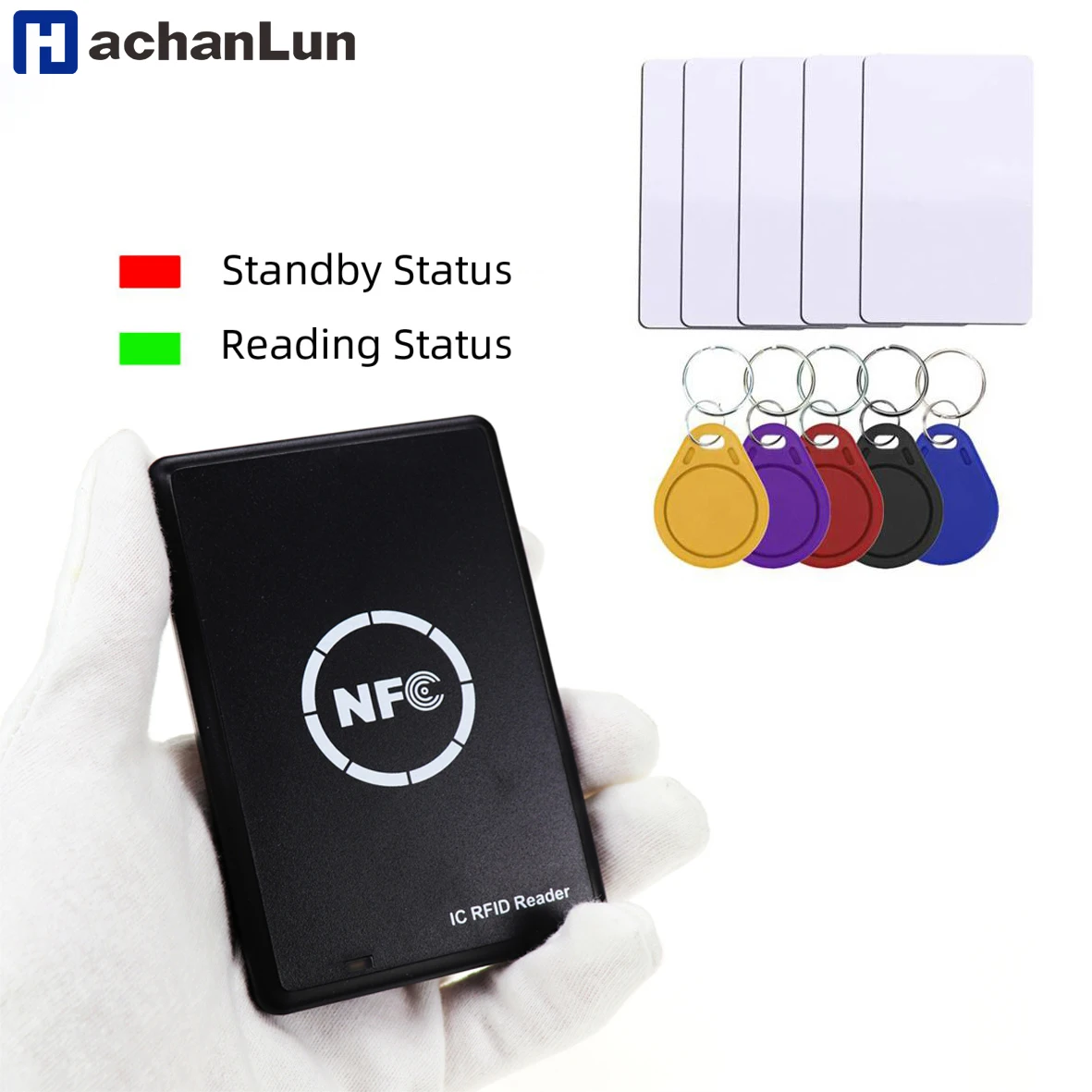 HACHANLUN NFC Smart Card Reader Writer RFID Kopierer Duplikator 13,56 MHz USB Programmierer Schlüsselanhänger Karte IC UID S50 MF ISO14443A Tag Image