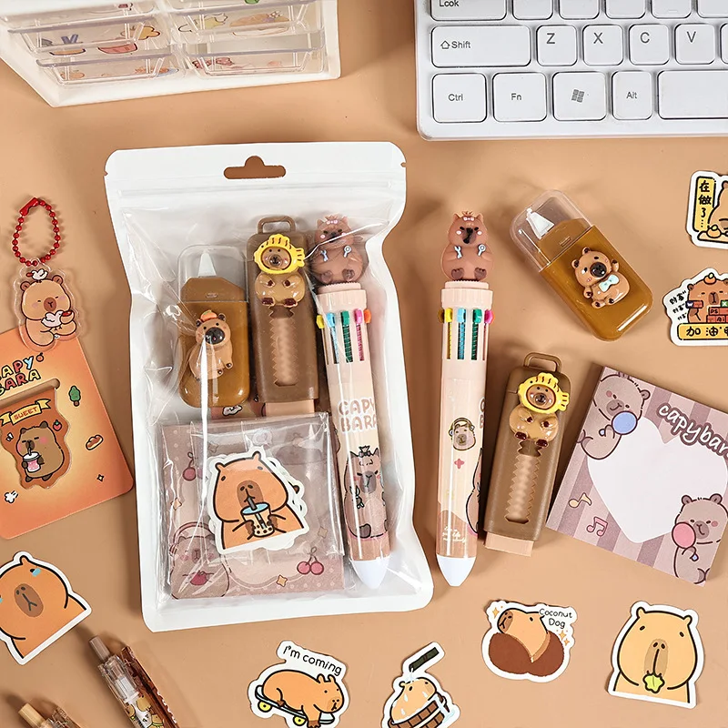 Capybara-Briefpapier-Set für Kinder, Geschenk, Stifte, Aufkleber, Allzweckmesser, Schreibwaren, Geschenkbox, zurück zur Schule, Lernen, Geburtstagsgeschenk Image