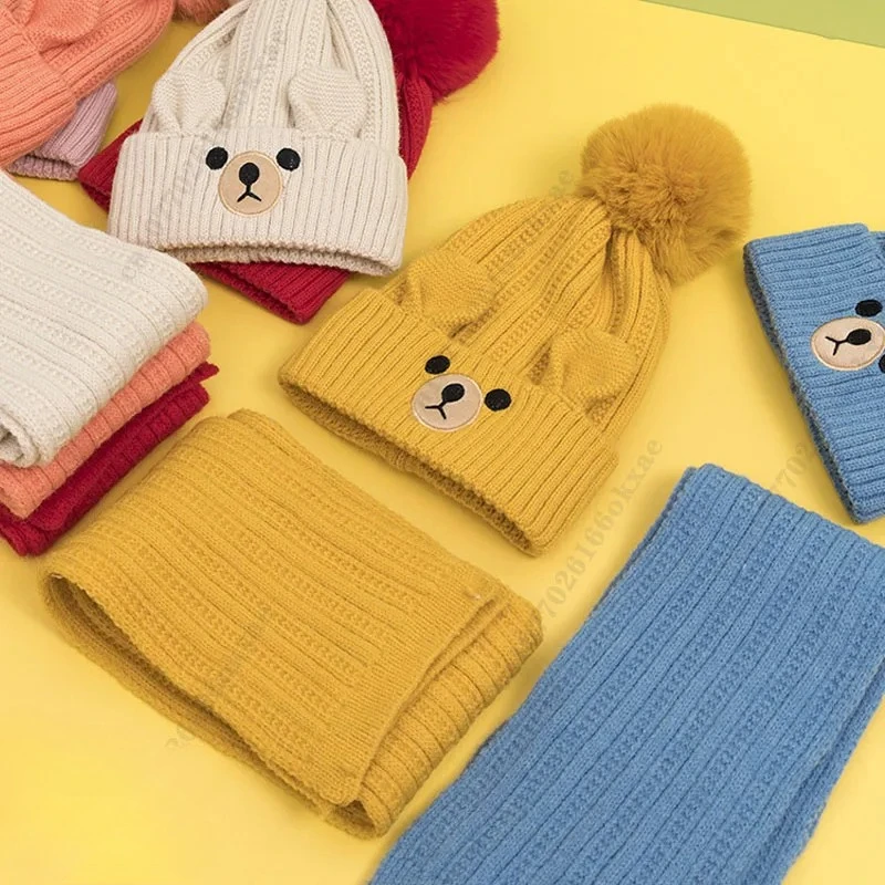 Winterwarmes Mütze- und Schal-Set für Kinder, Bärenmütze mit Ohrenklappen, gehäkelte Schalmütze, Kleinkind, Jungen und Mädchen, Outdoor-Zubehör Image