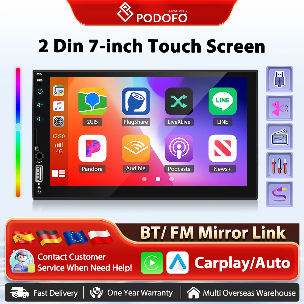 Podofo 7'' Drahtlose Carplay Auto MP5 Stereo Android Auto Mirrorlink BT Multimedia Player FM SWC DAB 2din EQ Auto radio Hinten Kamera Image