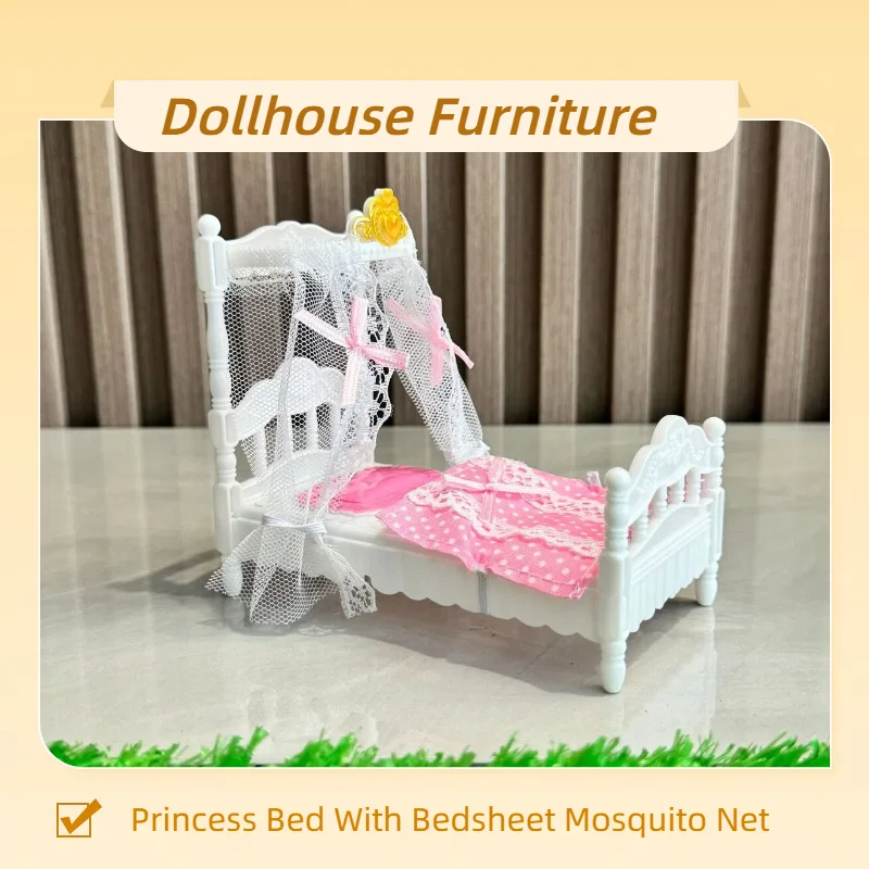 Prinzessin Bett mit Bettlaken und Moskitonetz Kit für 1/12 Puppenhaus Schlafzimmermöbel Puppenhaus Dekor Zubehör