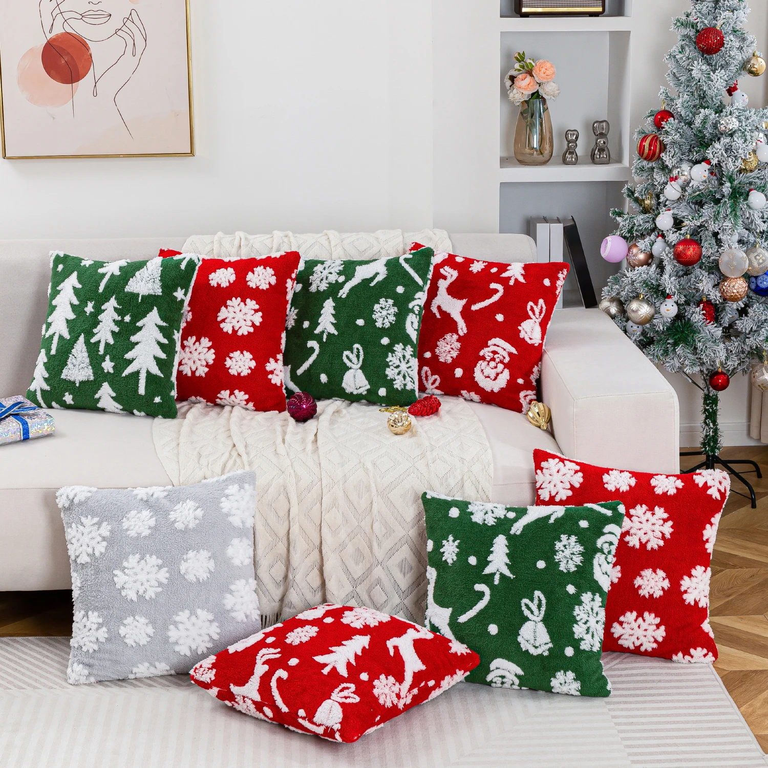 1pc Weihnachts plüsch Kissen bezug, Weihnachts baum, Rentier, Schneeflocke weichen und bequemen Kissen bezug (ohne Kissen kern) Image