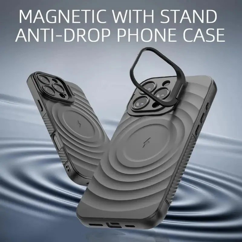 Magnetische Magsafe-Telefonhülle für iPhone 16, 15, 14, 13, 17 Pro Max Plus, unsichtbarer Linsenständer, runde Wasserwelligkeit, weiche Silikonhülle Image
