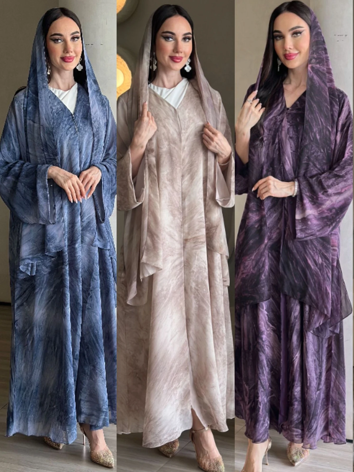 Eid Abaya für Frauen Drucken Strickjacke Schal Set Muslimischen Kleider Ramadan Marokko Dubai Jalabiya Kaftan Vestidos Arabische Lange Robe 2025, Image