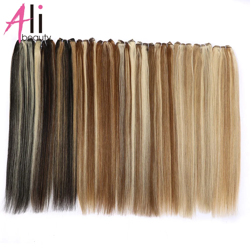 Extensioni di Capelli Umani Lisci Biondi Brasiliani Remy, Trama di Capelli Umani 18-28 Pollici, Trama di Capelli Umani con Highlights Ombre # 613