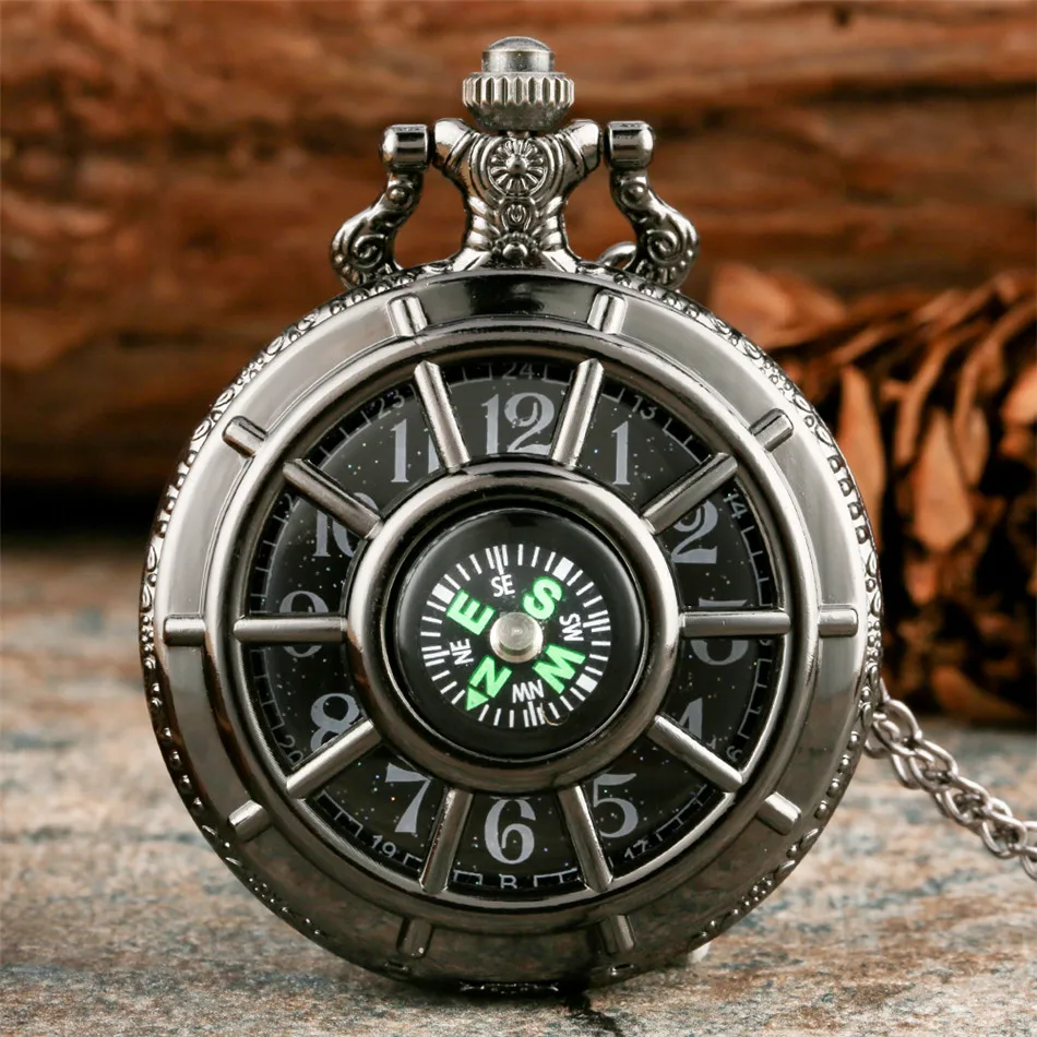 Vintage Quarz-Taschenuhr im schwarzen Kompass-Design, mit Halskettenanhänger, Weltzeitfunktion, Taschenuhr mit Zeigeranzeige Image