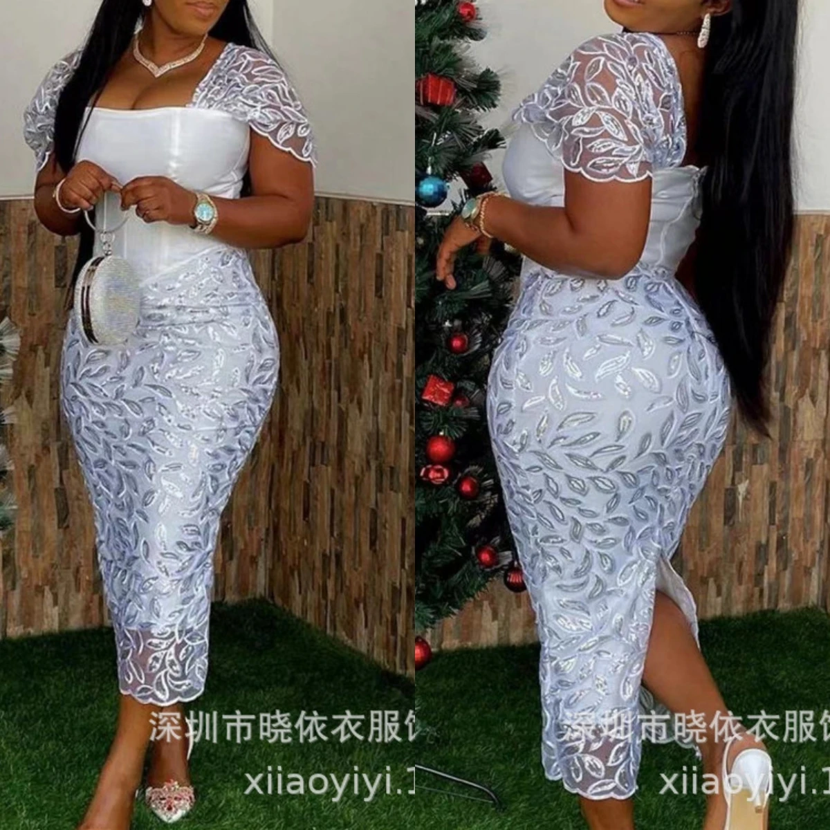 Abito da donna con stampa colletto quadrato Y2k abiti lunghi bianchi a vita alta sexy pizzo impiombato manica corta abiti da festa estivi skinny