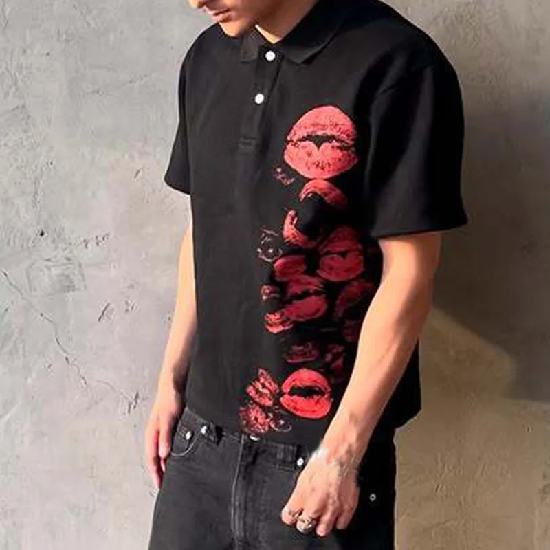 Gothic Hip Hop Taste Kragen Punk Casual T-shirts Sommer Pendeln Kurzarm Top Y2K Polo Tees Harajuku Lip Druck Rock hemd