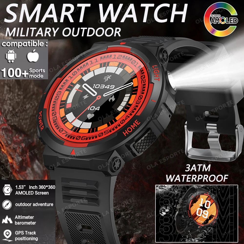 Neue Für Android IOS GPS Track Smart Uhr Wasserdichte LED Taschenlampe BT Anruf Gesundheit Monitor Militär Sport Männer Smartwatc 2025h
