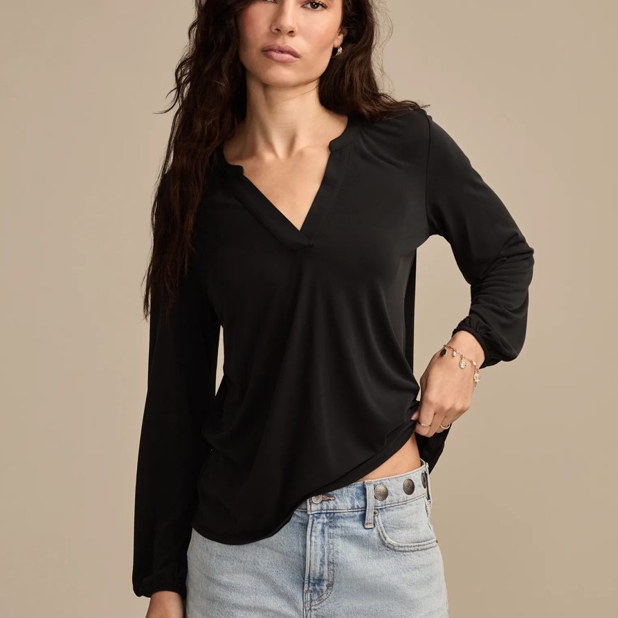 Lucky Brand Sandwash Long Sleeve Notch Top - Women's Clothing Long Sleeve Tee Shirt Tops in Caviar, Size XS