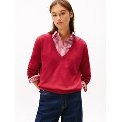 V-Ausschnitt-Pullover TOMMY JEANS "TJW ESSENTIAL VNECK SWEATER EXT", Damen, Gr. XS (34), ruby rhubarb, Strick, Obermaterial: 100% Baumwolle, unifarben, casual, normal kurz, V-Ausschnitt, Langarm Rippstrickbündchen, Pullover, mit Logostickerei