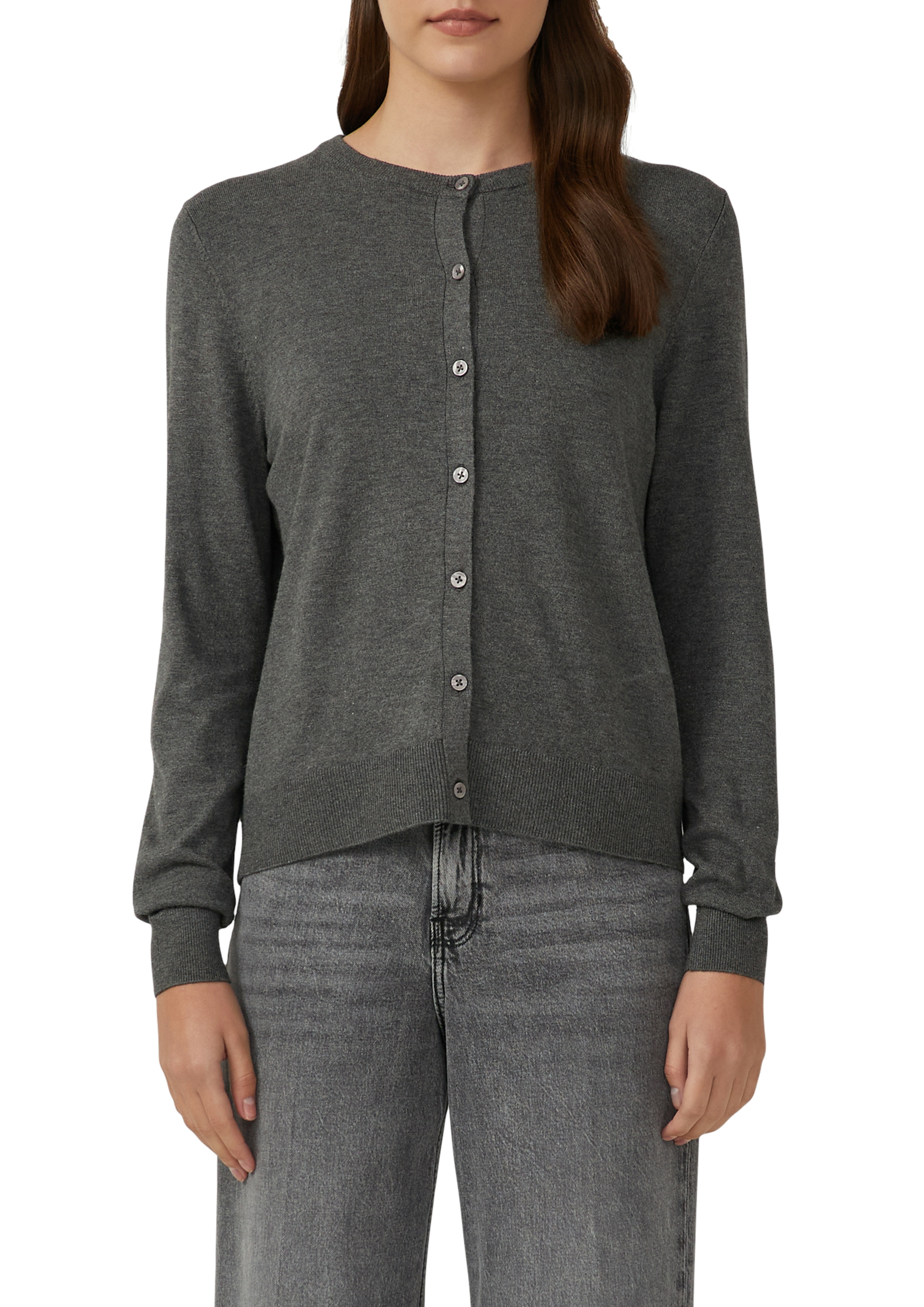 Strickjacke S.OLIVER, Damen, Gr. 44, grau (dunkelgrau), Strick, Obermaterial: 72% Viskose, 28% Polyester, unifarben, regular fit normal, Rundhals, gerader Abschluss, Strickjacken Strickjacke, mit Knopfleiste