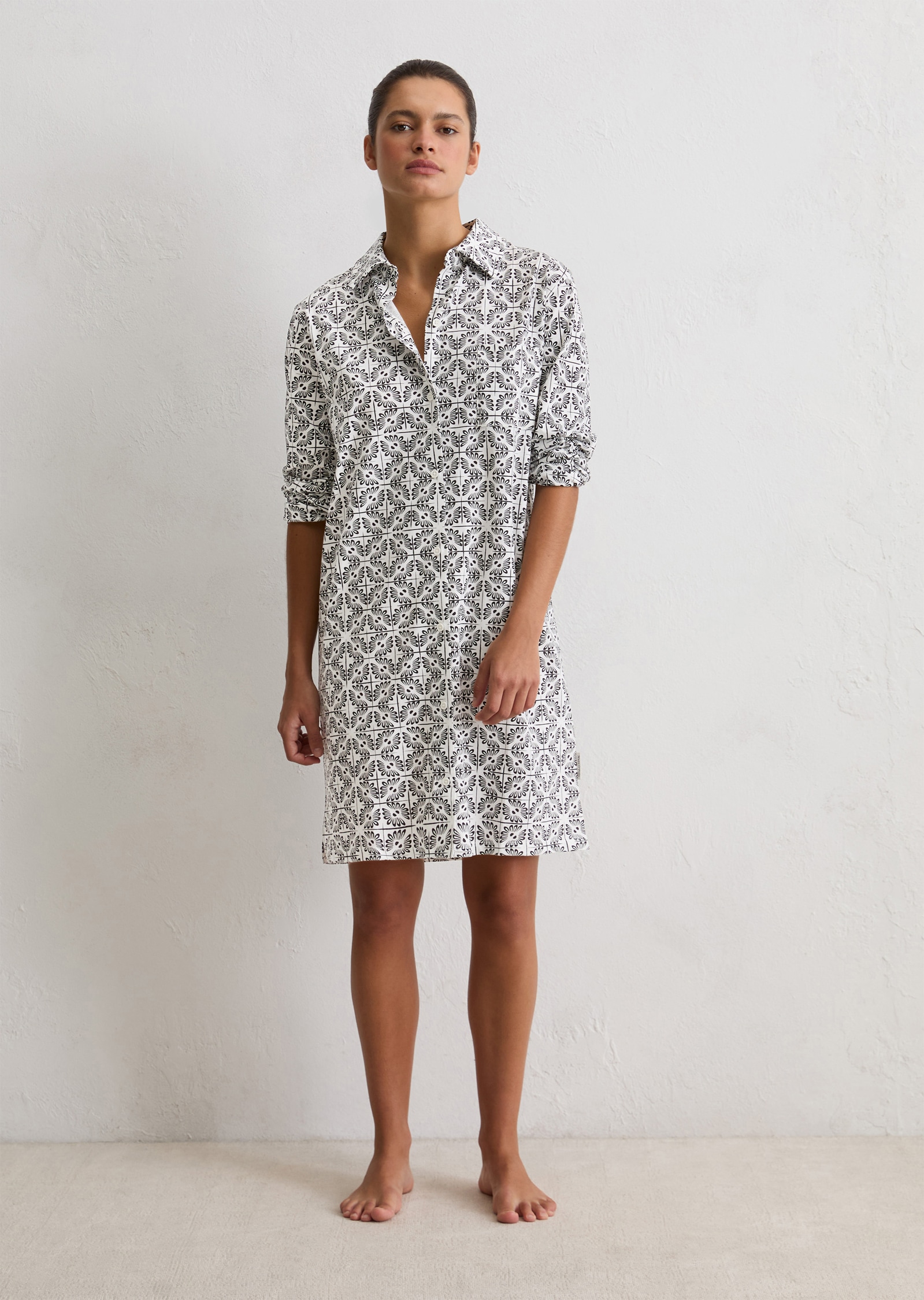 Nachthemd MARC O'POLO, Damen, Gr. M, N-Gr, weiß, Jersey, Obermaterial: 95% Baumwolle, 5% Elasthan, Casual, kniefrei, Kleider, Langarm, Baumwollmix, Knöpfe, bequem, elastisch, Allover-Print