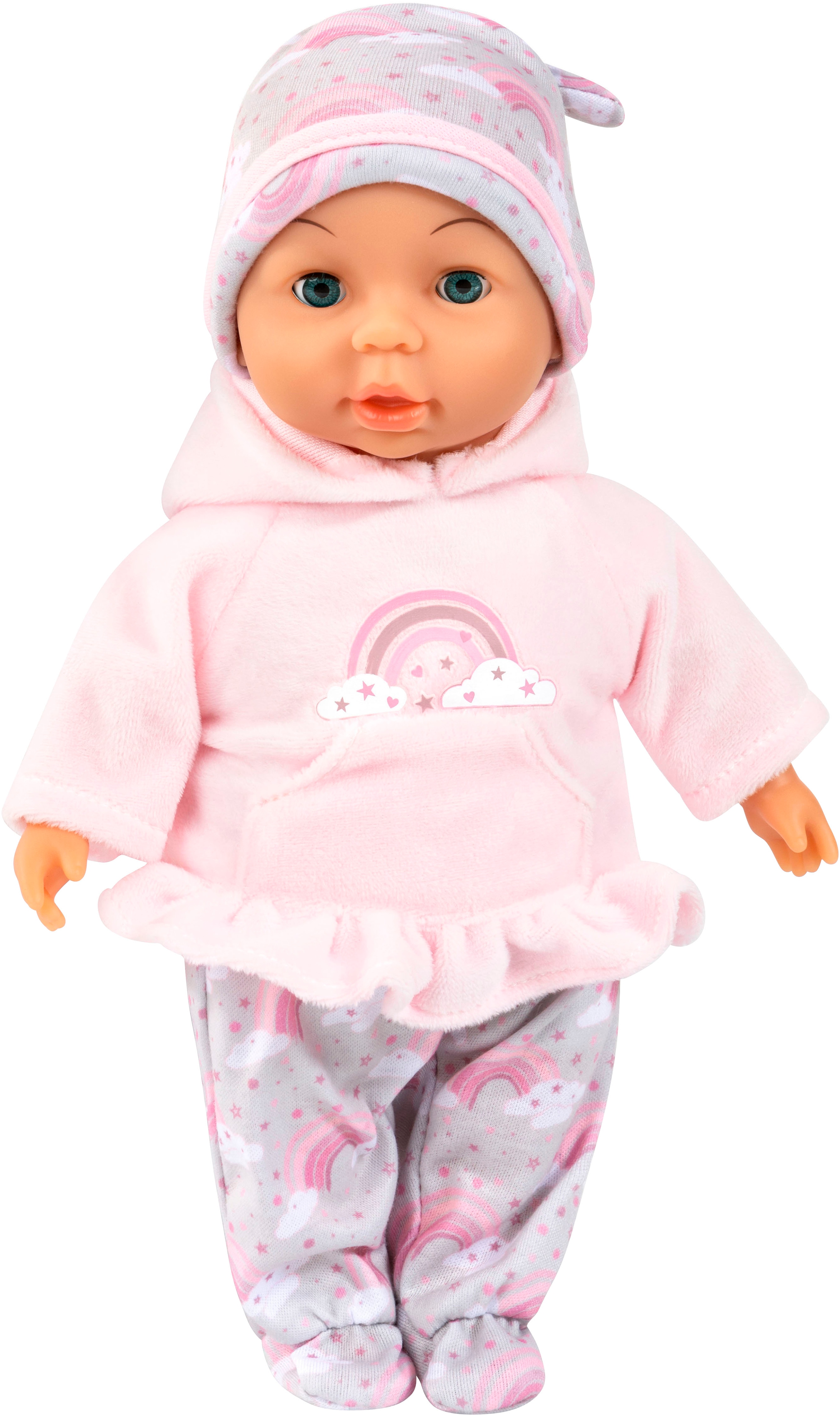 Babypuppe BAYER "My First Baby, Regenbogen-Outfit", rosa, grau, Puppen, Baby, Kunststoff, Polyester, mit Schlafaugen