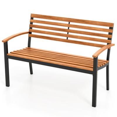 Costway Outdoor Bench Acacia Wood Patio Loveseat with Backrest Armrests