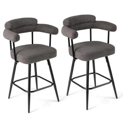 Costway Swivel Bar Stool Set of 2 Counter Height Chairs with Curved Back and Arms-Grey