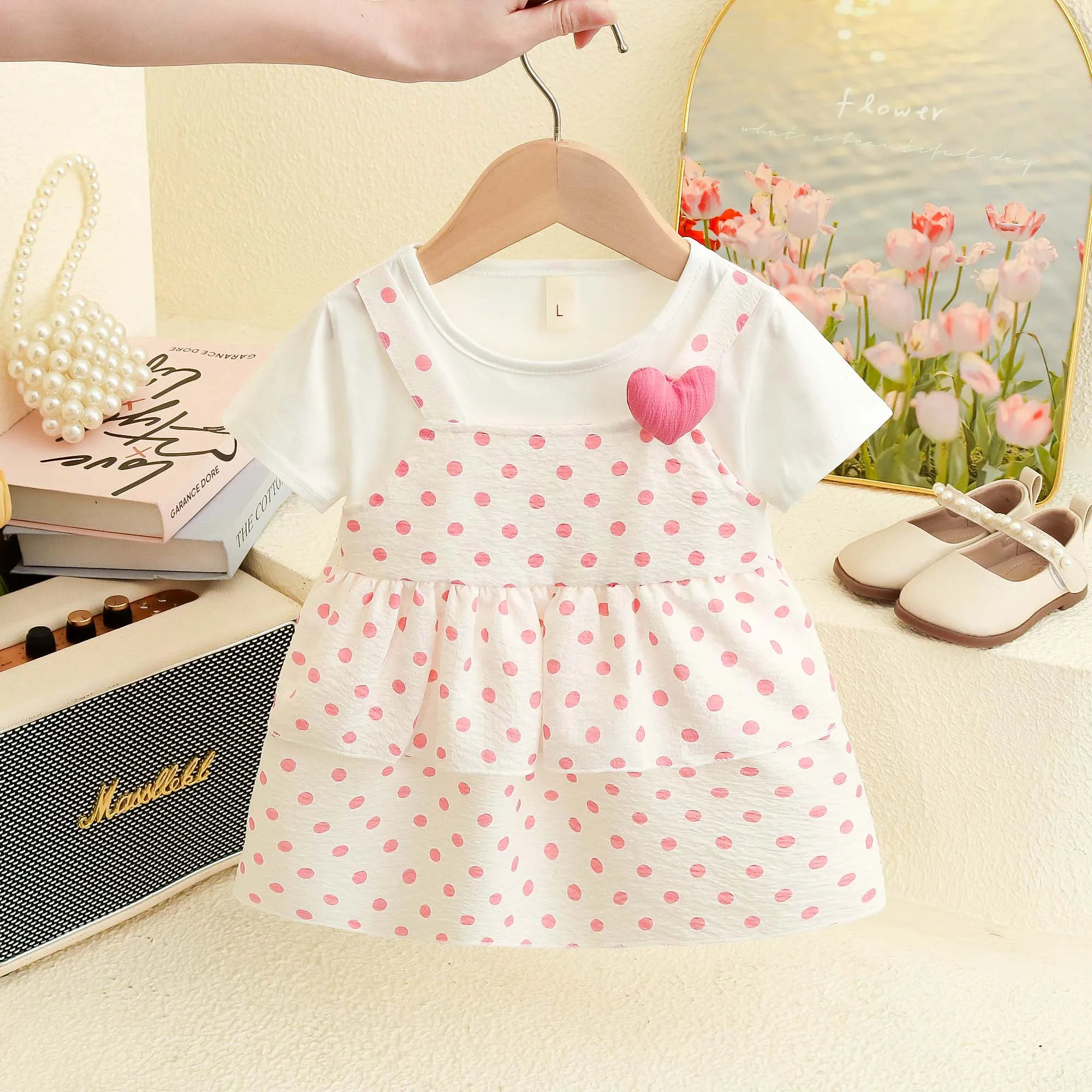 Polka Dot bedrucktes Kleid für Babys, Sommerkleid mit kurzen Ärmeln für Kinder, Baumwollkleid Image