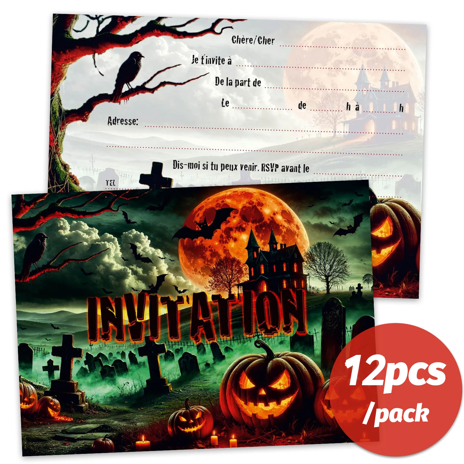 12-teilige Halloween-Einladung mit französischem Text – Einladungskarte für Friedhof-Horror- oder Horrorpartys, Set, Horror, Vampir, schwarzer Horror und Image