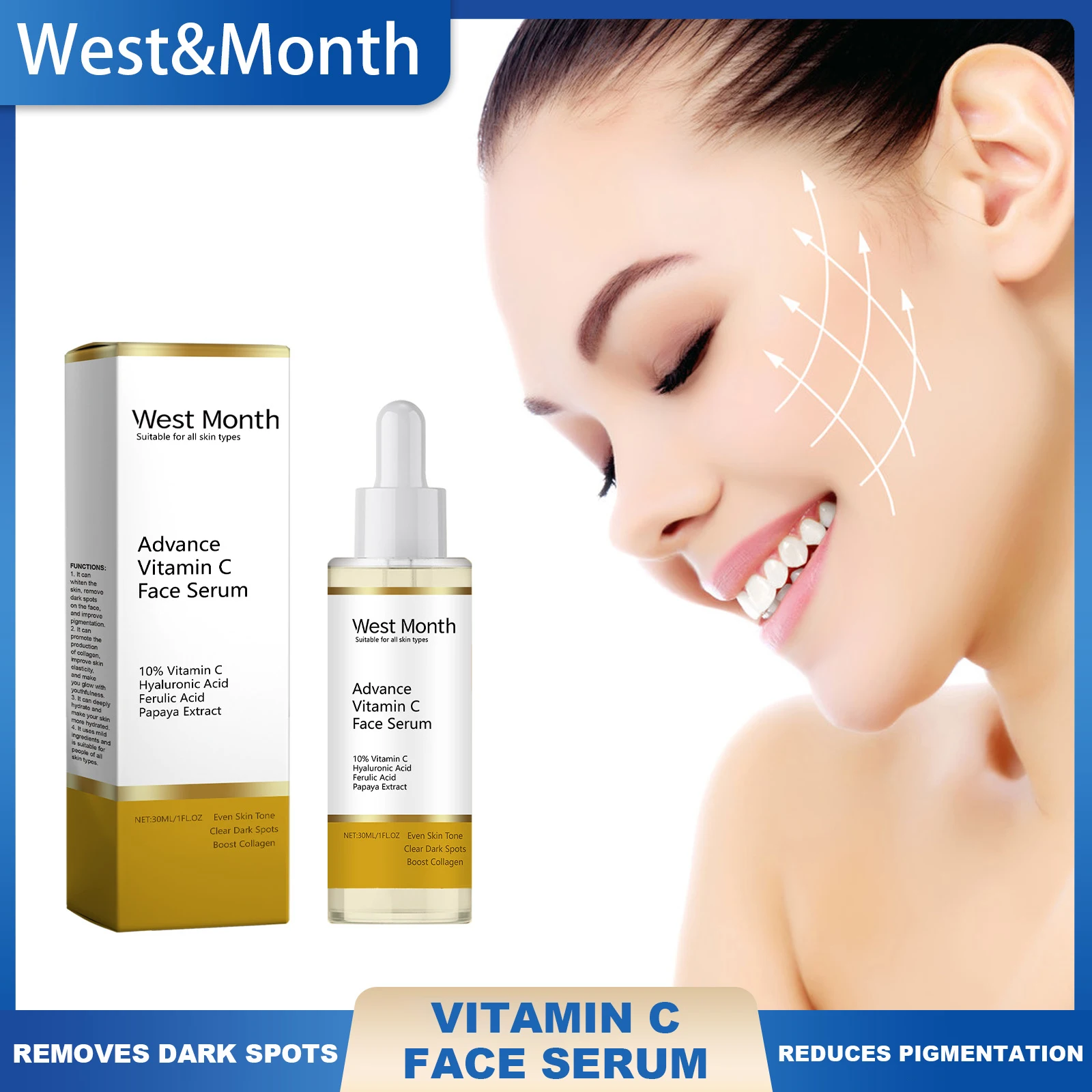West Month Advance Vitamin C Gesichtsserum entfernt dunkle Flecken, reduziert Pigmentierung, verbessert die Hautelastizität, Anti-Aging-Hautpflege Image