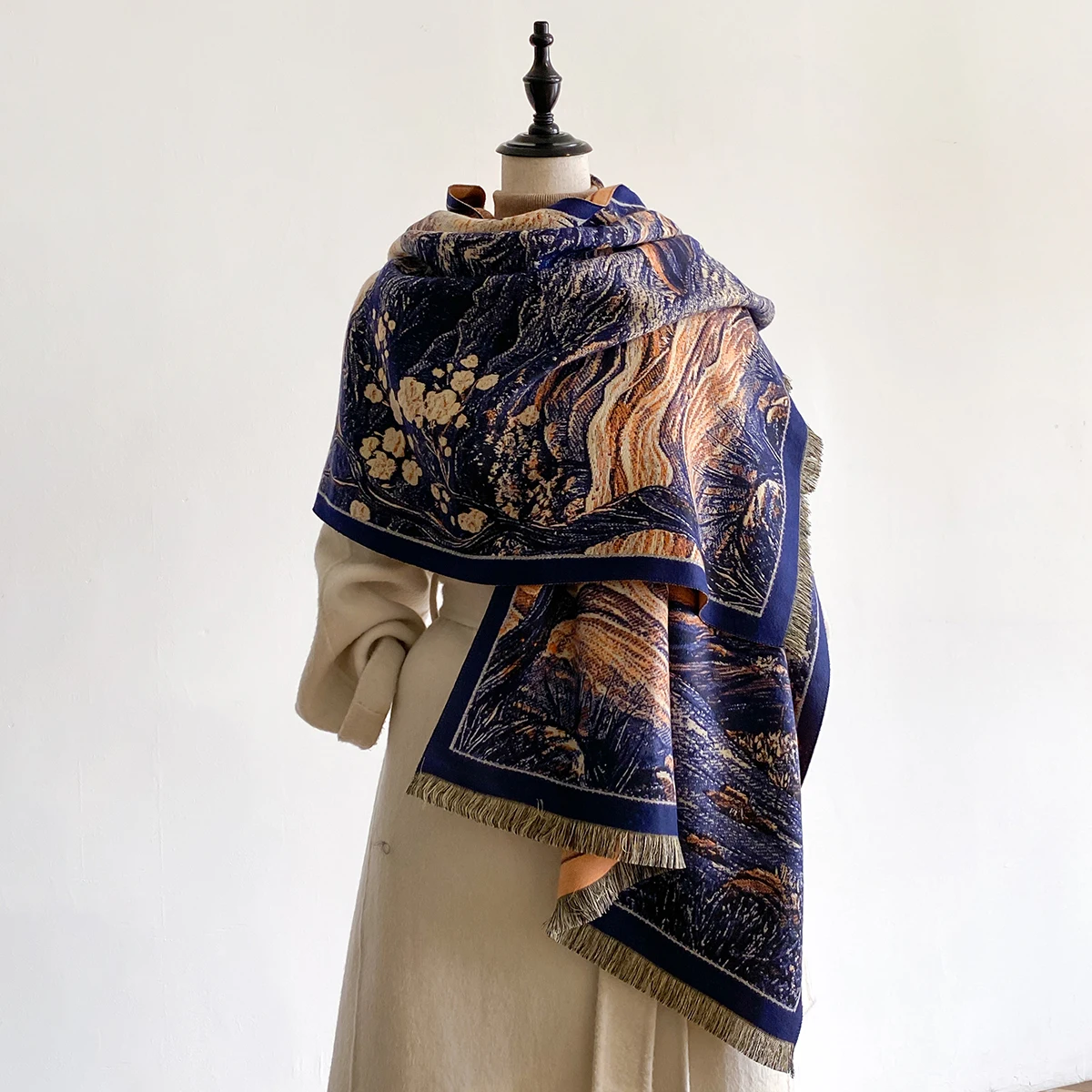 Mode Ölgemälde Floral Print Winter Warme Imitation kaschmir Schal Schal Frauen Pashmina Dicke Schals Wrap Weibliche Poncho Image