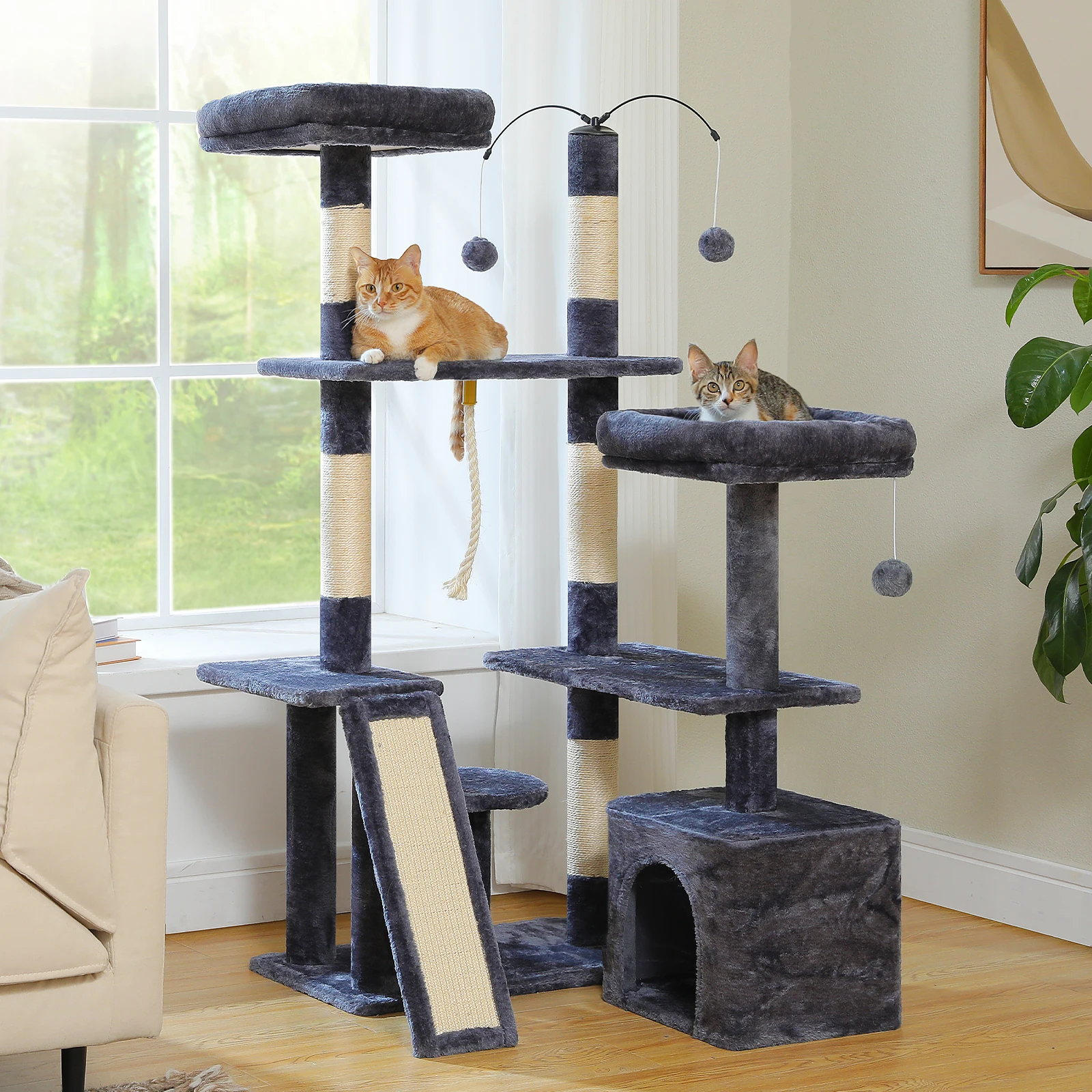 Mehrstufiger Kratzbaumturm mit Sisal-Kratzbäumen und Polster, Sitzstange mit weichem Oberteil, großes Katzenwohnung für Katzenkratzer im Innenbereich, Katzenspielzeug Image