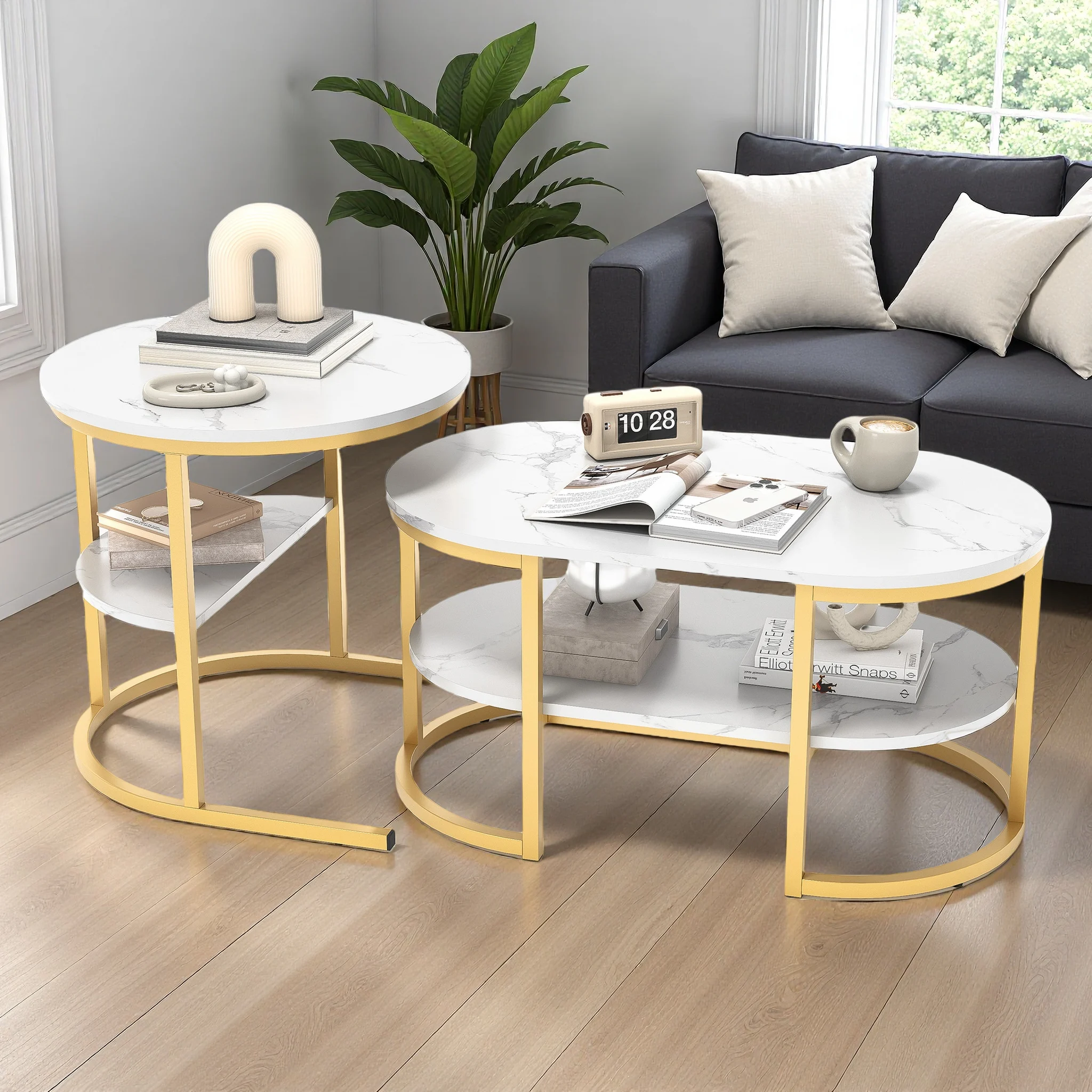 WoodenAura Moderner Couch tisch 2er-Set, Couch tisch mit Marmore ffekt, Wohnzimmer tisch mit Metallrahmen, für Wohnzimmer Golden