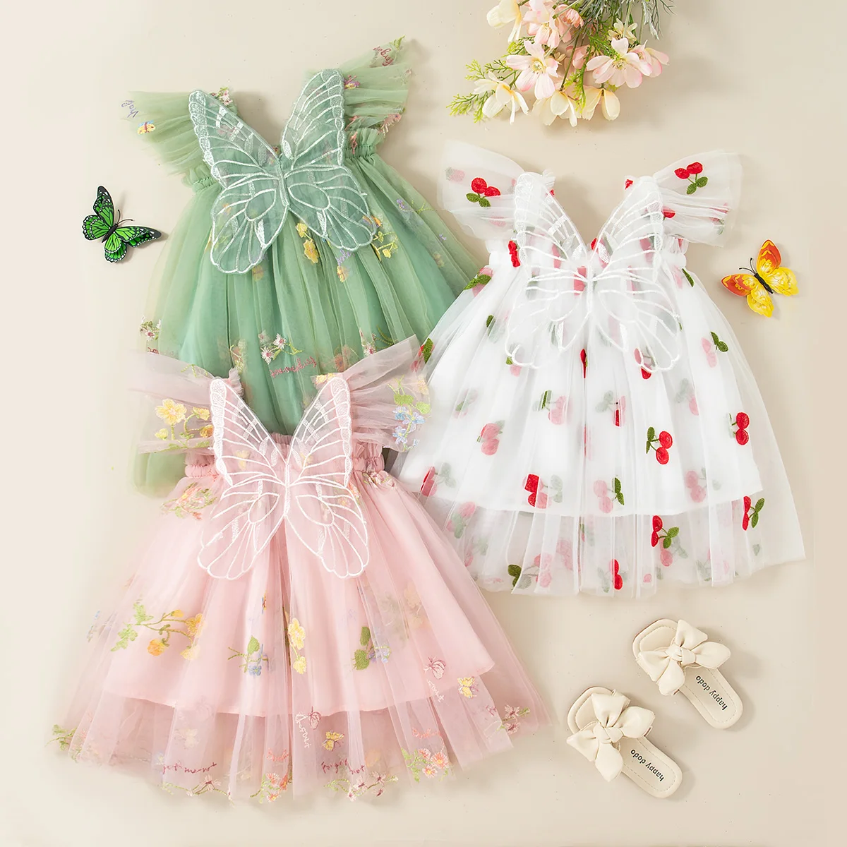 Baby Mädchen Kleid Blume Kirsche Stickerei Prinzessin Kleid Kinder Geburtstag Party Kleid Mädchen Fliegende Ärmel Tägliche Kleidung Image