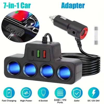 Eins-zu-vier-USB-Schnittstelle mit Kabel, Autoladegerät, Kfz-Konverter, eins-zu-vier-Multifunktionssteckdose QC3.0 PD3.1A Ladeanschluss