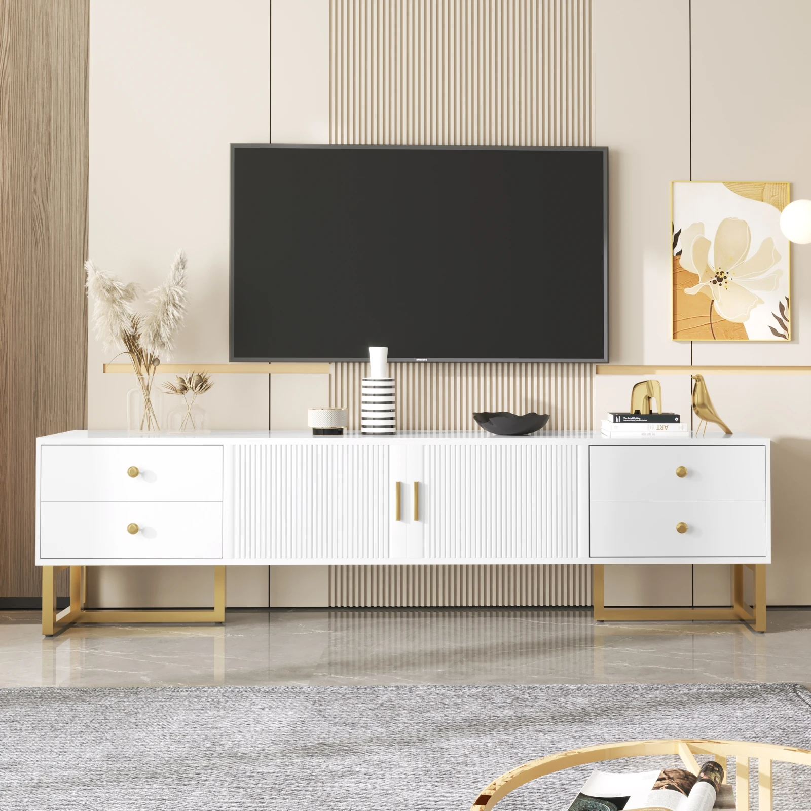 Comanlai 175 × 30 × 46 cm Meubles TV modernes, armoires de base, meubles TV, avec portes texturées, panneau bas, tiroirs, pieds à poignées dorées