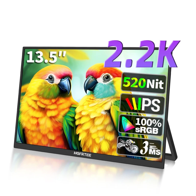 HGFRTEE 13,5 Zoll tragbarer Monitor 2,2K 2256*1504 520d/m2 100% SRGB für Laptop Zweiter Bildschirm HDMI-kompatible Spiele erweitern Display Image