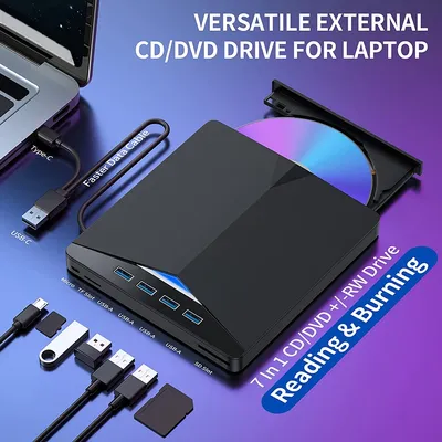Externes Laufwerk 7 IN1 USB 3.0 Tragbarer DVD-Player Hochgeschwindigkeits-CD-DVD-Brenner Leser-Player Schlankes externes mobiles Laufwerk für Laptop-PC