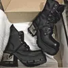 Cross Strap Stiefeletten Plattform Karree Chunky Heels Leder Mode Luxus Elegante Concise Lace-Up Gothic Frauen Schuhe neue