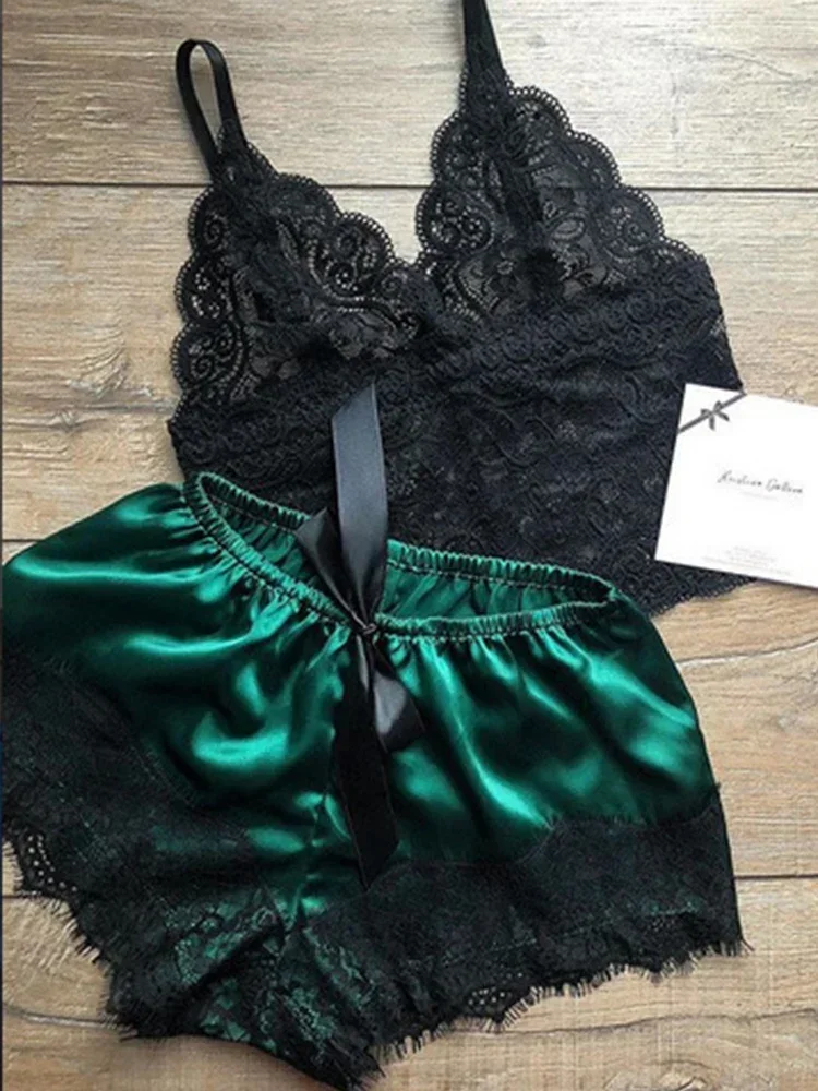 2-teiliges Pyjama-Set für Damen, Nachtwäsche, sexy Dessous, Spitzen-Seiden-Crop-Tops und Shorts-Sets, lässige Nachtwäsche, Pyjamas Image
