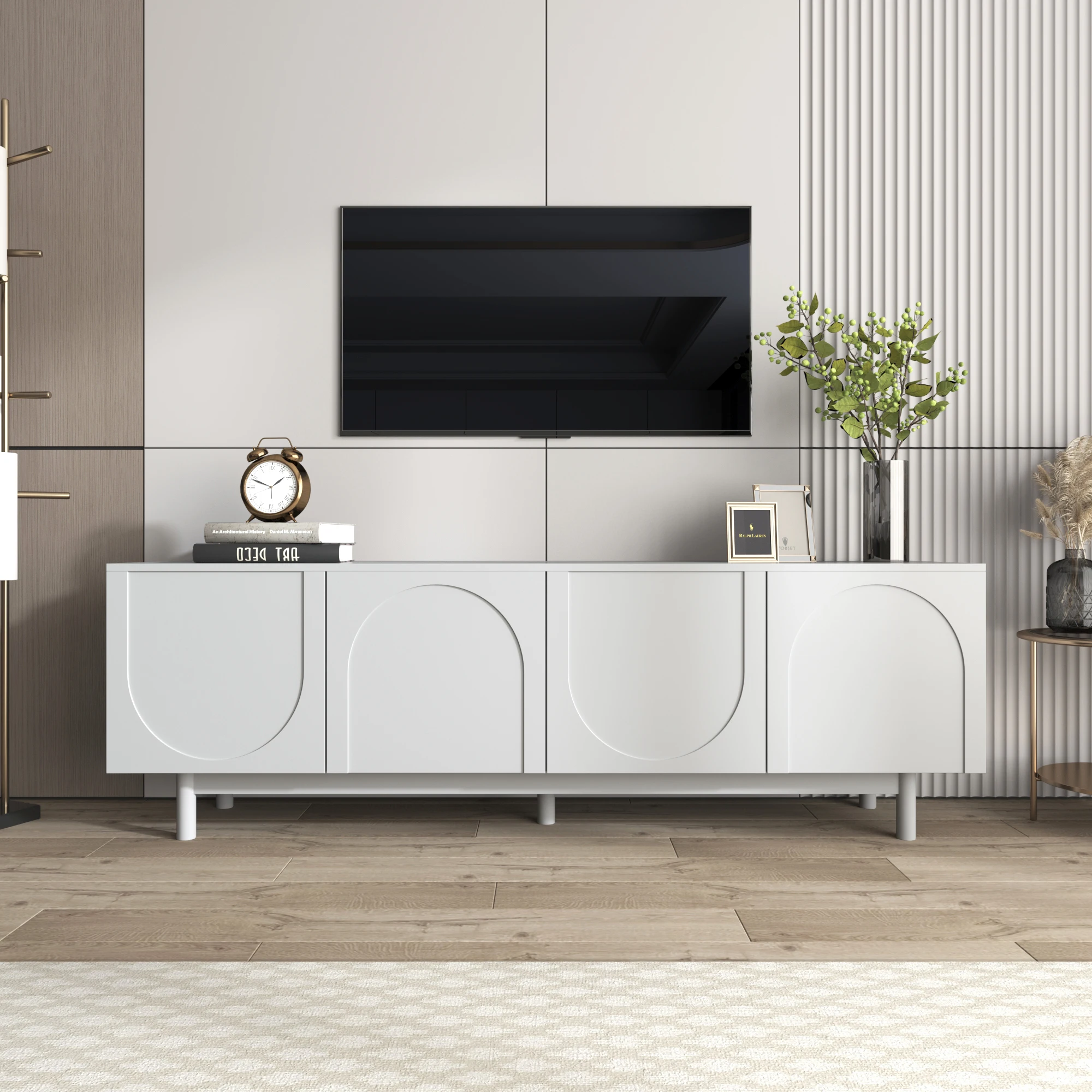Anajqaqia Meuble TV, meuble TV blanc moderne, avec portes et étagères, meuble TV léger Lowboard, 175 × 38 × 56 cm