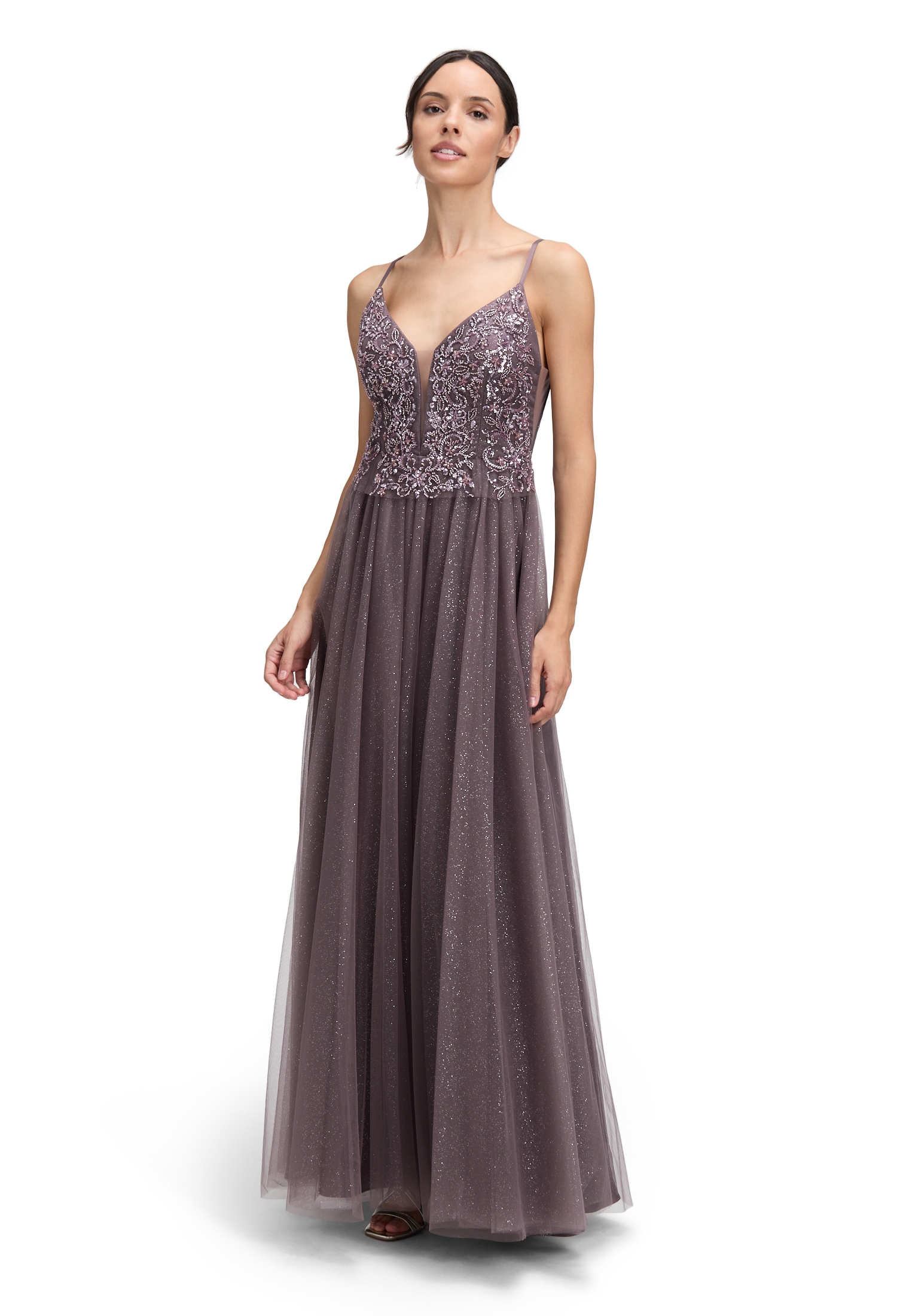 Abendkleid VERA MONT "Damen Abendkleid mit Stickerei", Damen, Gr. 38, Normalgrößen, lila (mauve graupe), Tüll, Obermaterial: 100% Polyamid. Futter: 100% Polyester., ausgestellt lang, Kleider Image