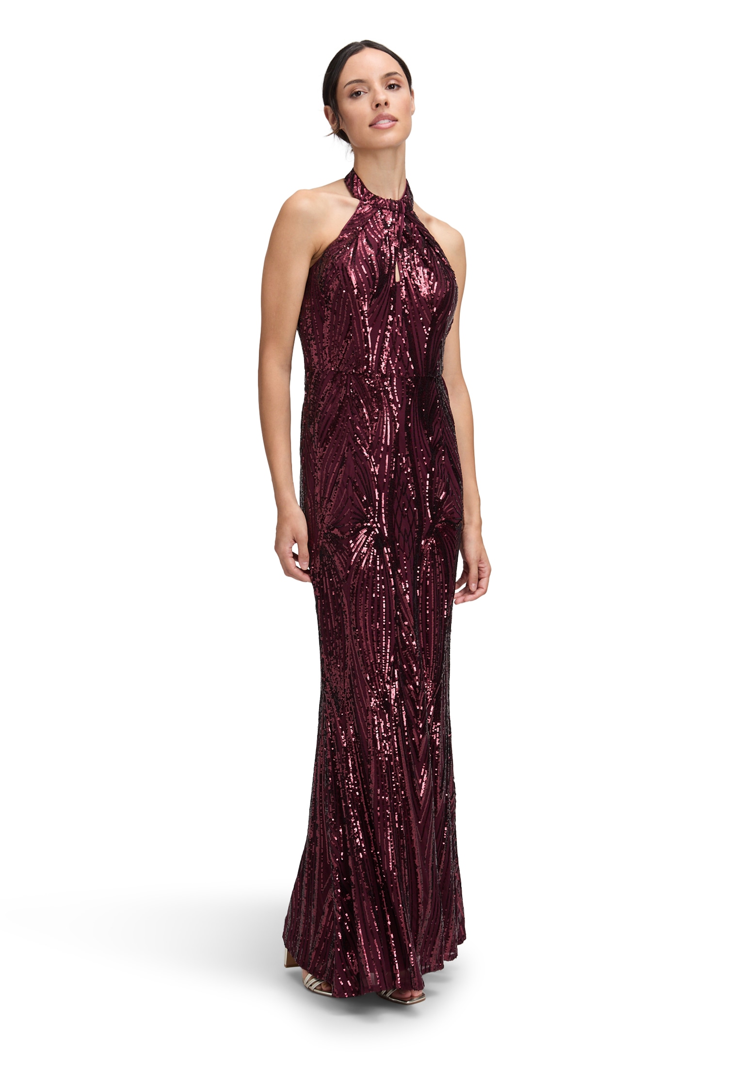 Abendkleid VERA MONT "Damen Abendkleid im Glitzer-Look", Damen, Gr. 40, Normalgrößen, rot (wild ruby), Mesh, Obermaterial: 97% Polyester, 3% Elasthan. Besatz: 100% Polyester. Futter: 100% Polyester., figurbetont lang, Neckholder, Kleider Image