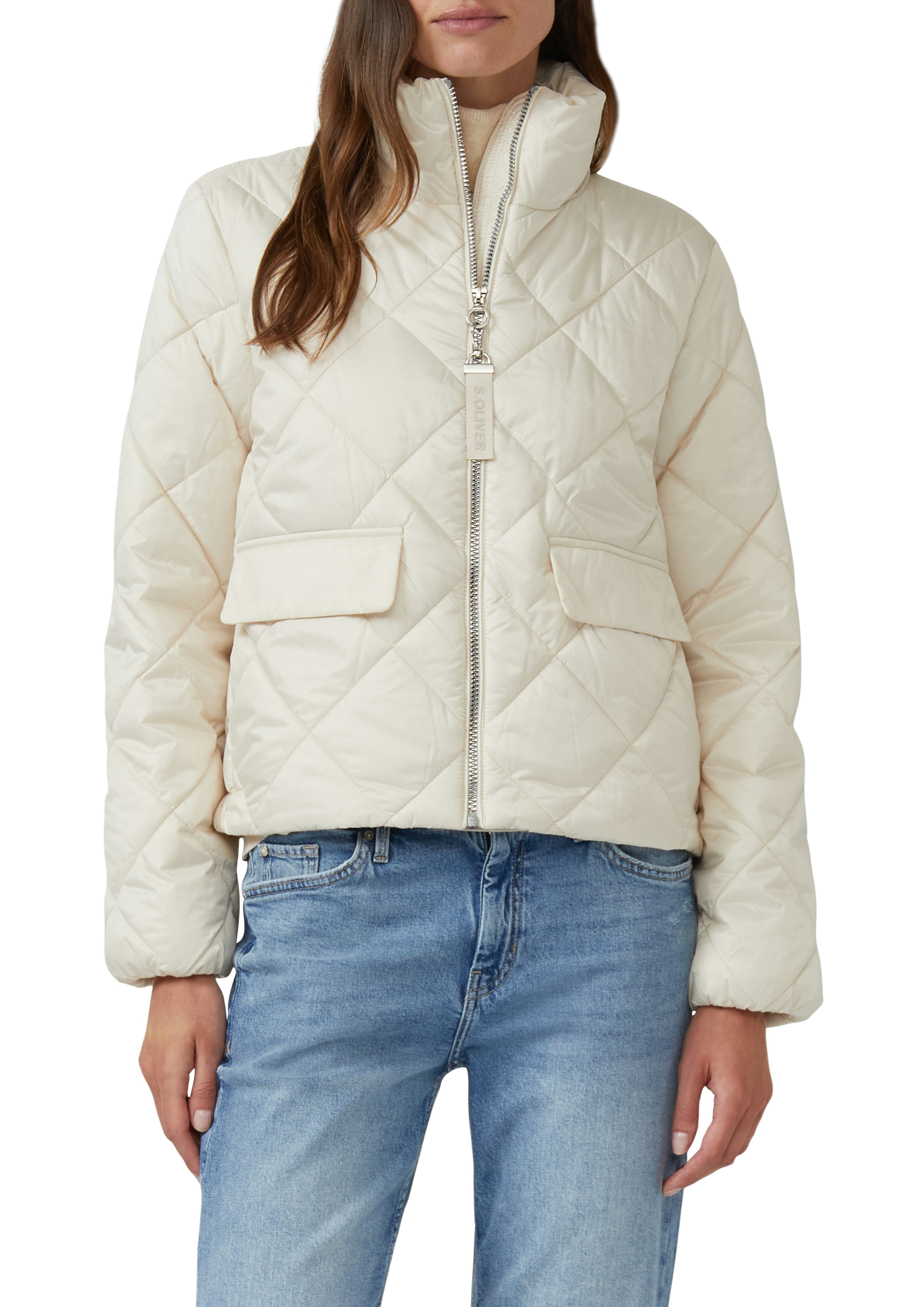 Steppjacke S.OLIVER, Damen, Gr. 40, cream weiß, Web, Obermaterial: 100% Polyester. Futter: 100% Polyester, unifarben, regular fit hüftlang, Rundhals, elastischer Bund, Jacken Steppjacke, mit Stehkragen