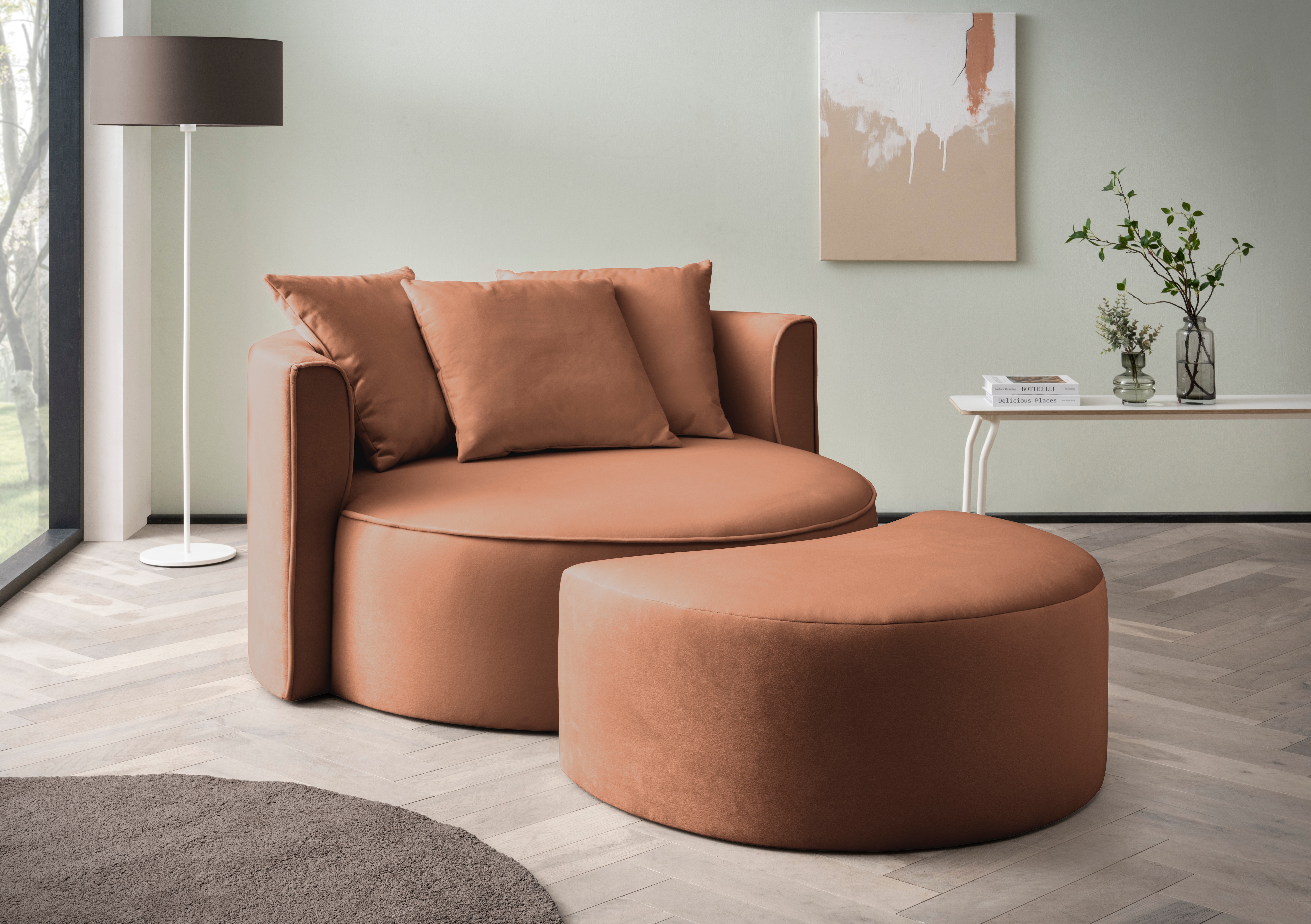 XXL-Sessel "ISALIE, Rundsessel mit Hocker, Lesesessel, Loveseat, Big-Sessel", braun (rostfarben), B:153cm H:98cm T:208cm, LEGER HOME BY LENA GERCKE, Sessel, XXL-Sessel, trendige Stoffe, 3 Zierkissen, große Sitzfläche, Cord, Samt, Bouclé