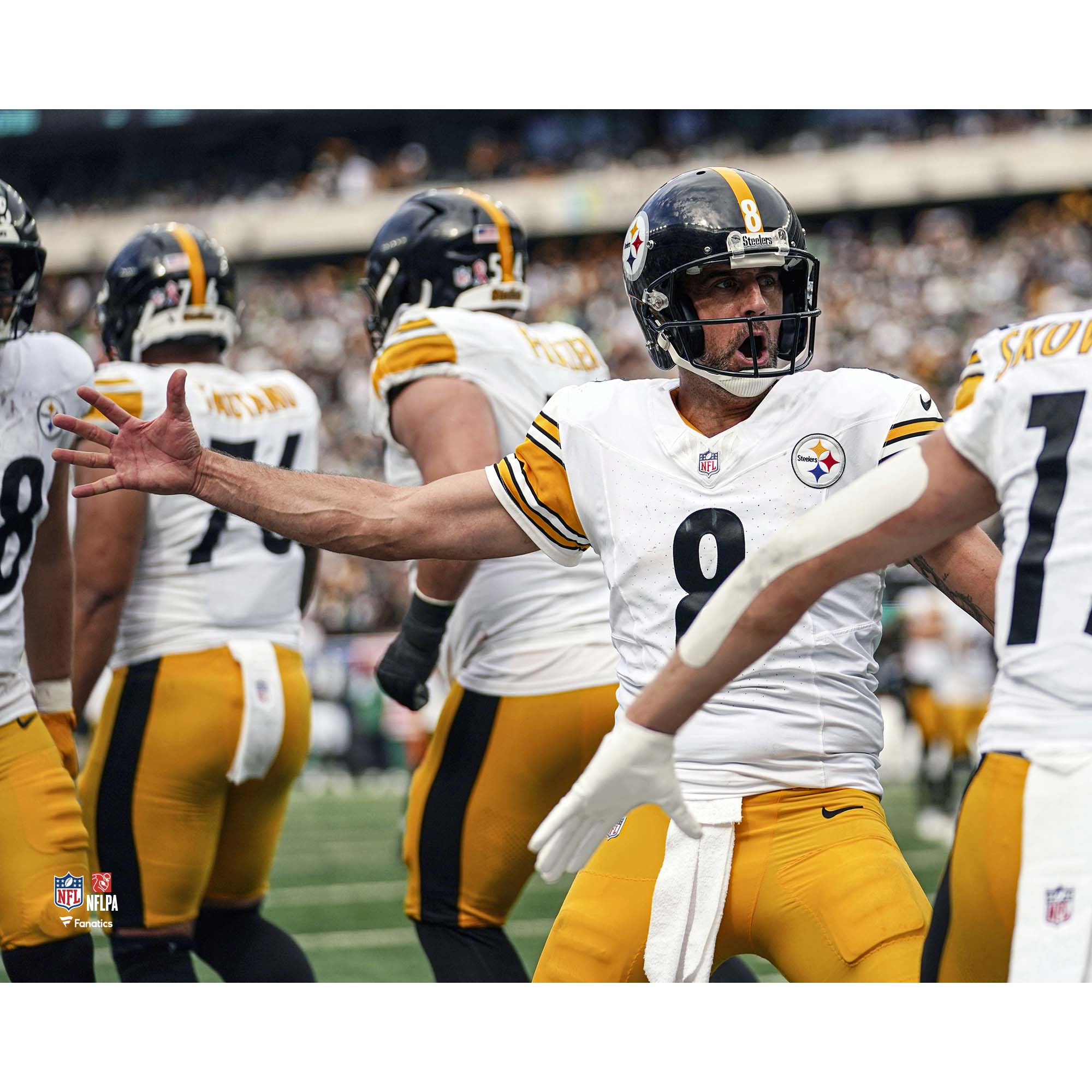 Aaron Rodgers Pittsburgh Steelers, unsignierter erster Touchdown-Pass der Woche 1 2025 mit Steelers-Foto Image