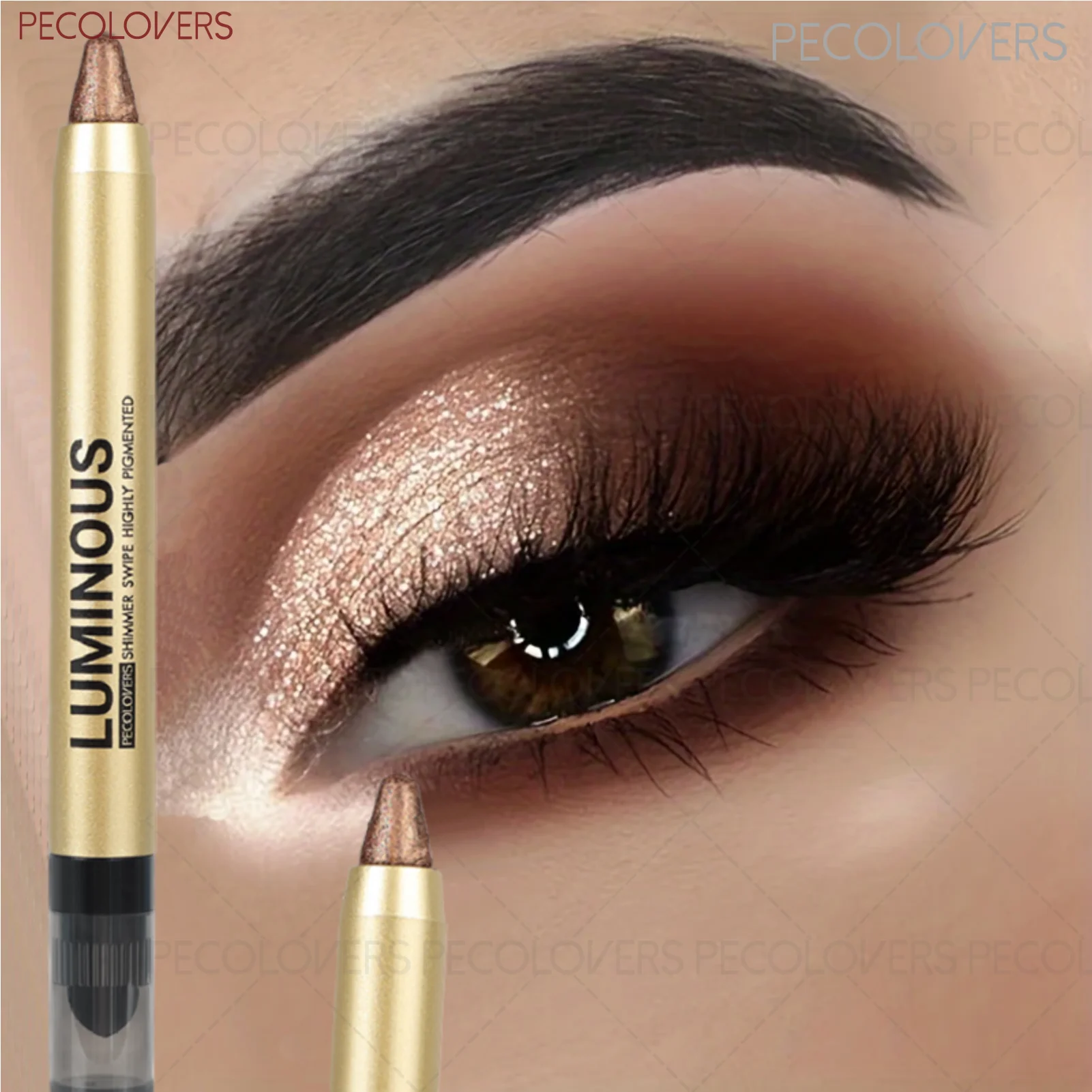 1-teiliger glänzender Doppelkopf-Lidschattenstift, schimmernder Lidschattenstift, auffälliges Augen-Make-up, hochpigmentierte Rendering, Konzert-Make-up Image