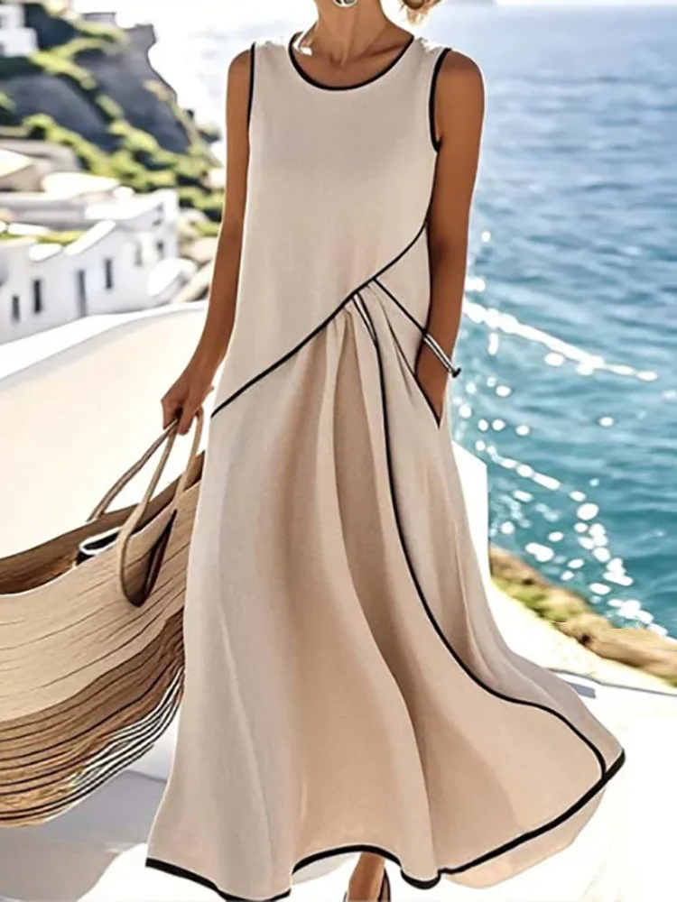 Sommer Damen Casual Patchwork Chic Maxikleid, O-Ausschnitt Urlaubsmode Elegantes Partykleid, Neue ärmellose einfache Damenkleider