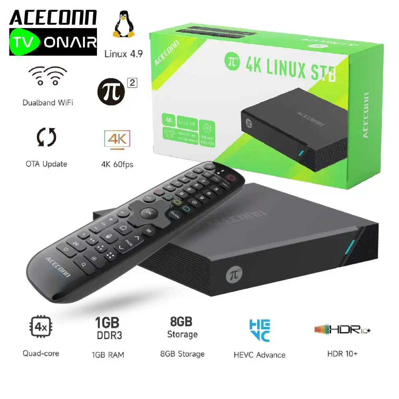 4K Linux TV Box Pi2 ACECONN TVPlus Streaming Set-Top-Box TVONAIR Player 1 GB + 8 GB IPTV-Abonnementbox Image