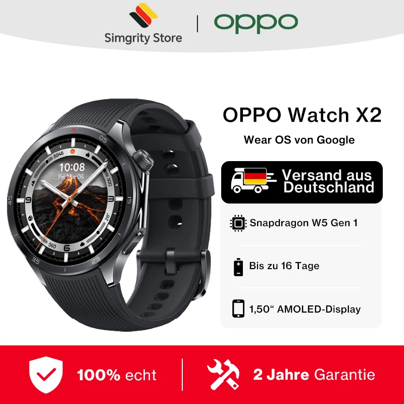 OPPO Watch X2 46,6 mm Smartwatch 1,50'' LTPO-AMOLED-Display Bis zu 16 Tage Akkulaufzeit, Herzfrequenzmessung, EKG-Analysator, SpO2, über 100 Sportmodi, NFC, Google Wallet, GPS, Galileo, GLONASS Image