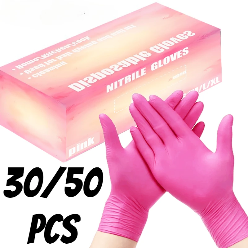 30/50PCS Rosa Nitril Handschuhe Einweg Handschuhe Haushalts Reinigung Handschuhe Verwendet für Badezimmer Küche Reinigung Schönheit Nagel Kunst Image