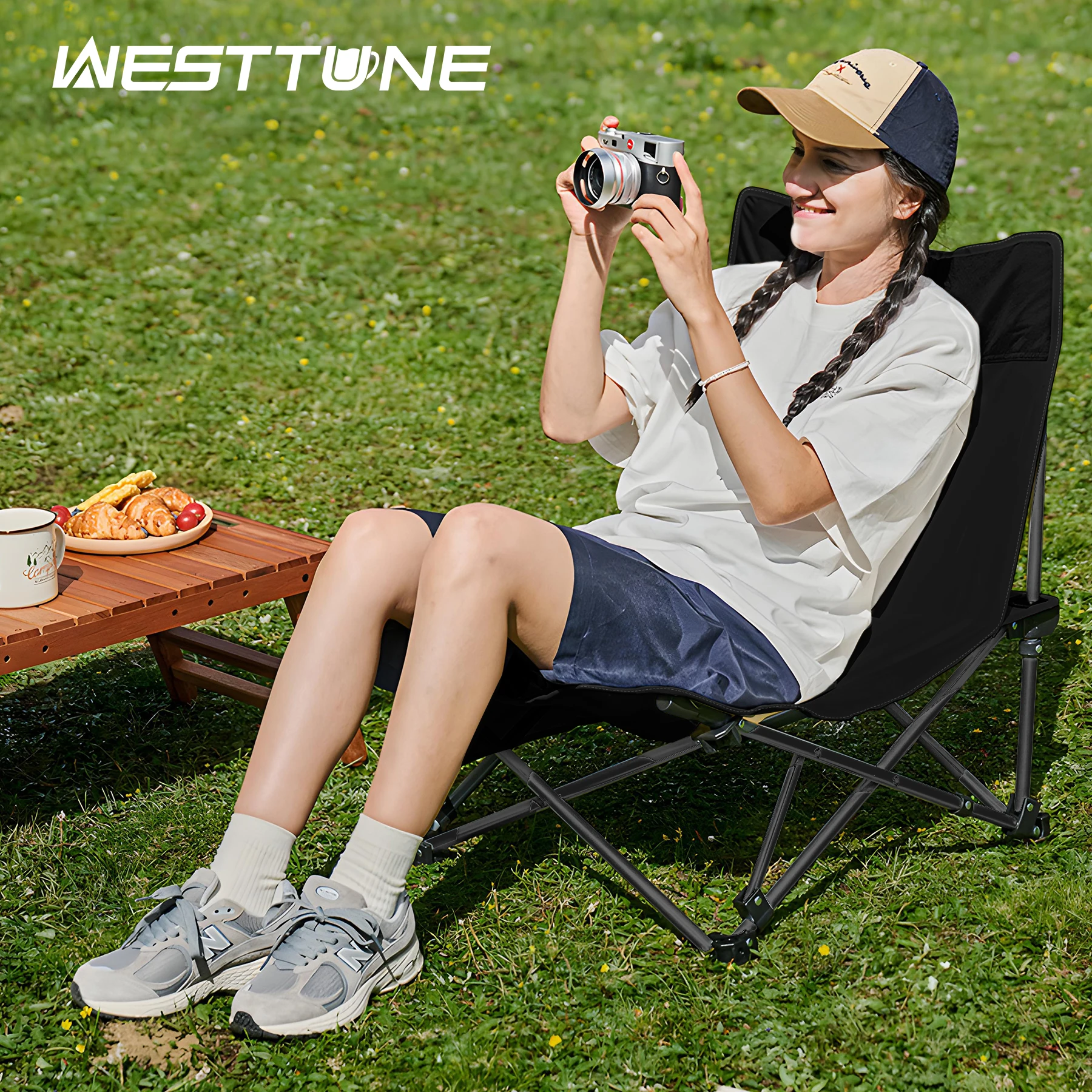  WESTTUNE Outdoor-Klappstuhl, tragbar, Strand-Liegestühle, leicht, Camping, verstellbar, Angelstuhl, Picknick, Garten, Grillen