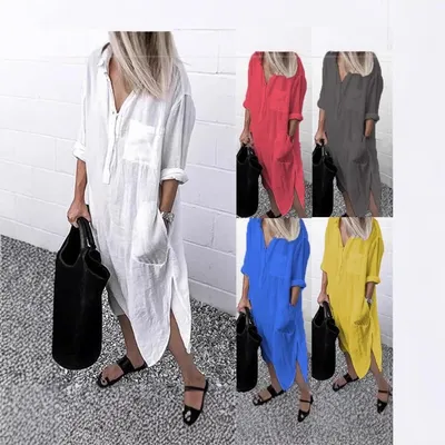Long Dresses Women Casual Shirt Dress Turn Down Collar Solid Color Maxi Gown Pocket Splicing Office Lady Vestidos Summer 2025