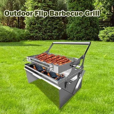 Portable Stainless Steel Camping Charcoal BBQ Grill with Rotary Barbecue Basket Grill