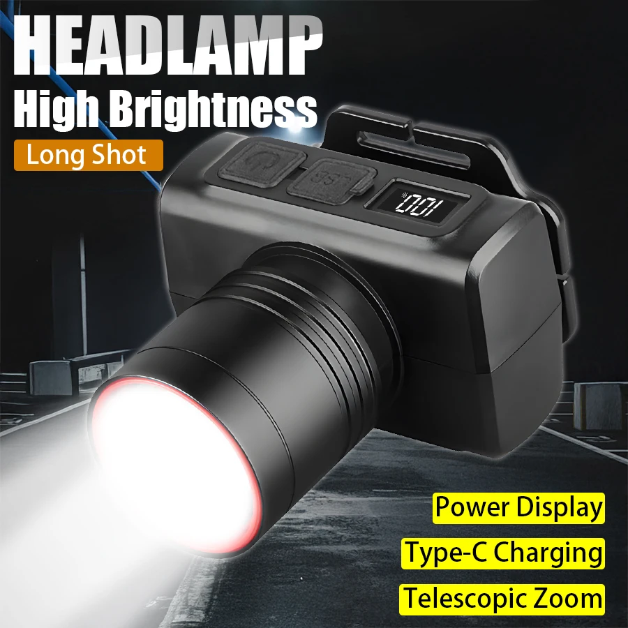 Superhelle Induktions-LED-Stirnlampe, USB wiederaufladbar, zoombare Laterne, leistungsstarkes Kopflicht für Nachtangeln, Jagd, Notfall Image