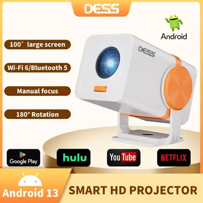 DESS New Android 13 Portable Projector Native 720P Dual-Band Wifi 180° Rotating Projector Mini Home Outdoor Theater Projector