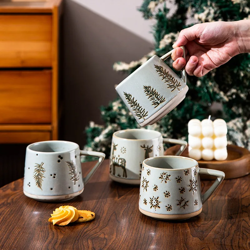 Weihnachten Vintage Keramik Becher mit hitzebeständigem Griff Kaffeetasse nordischen Stil Home Office handgemachte Wasser Tee Tassen Weihnachtsgeschenke Image